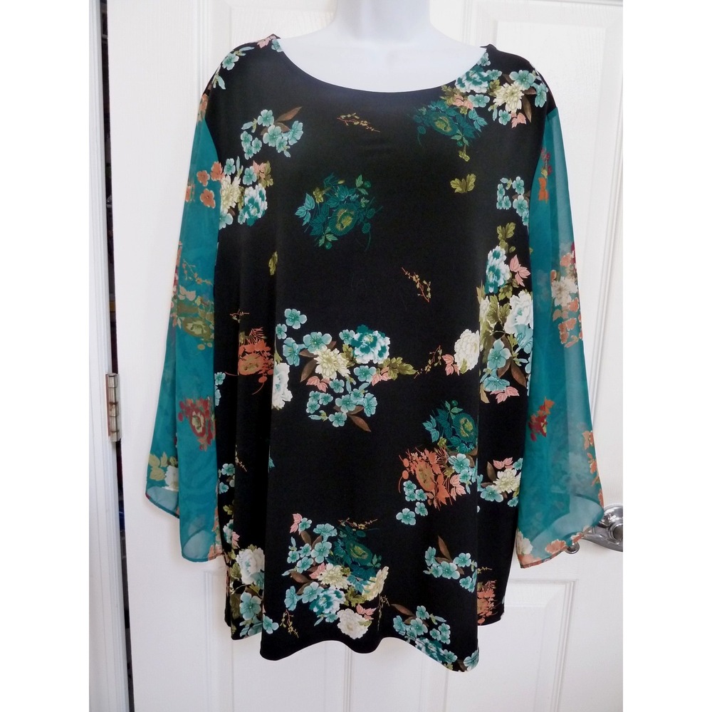 *CHICO'S Sz 3=16/18, XL Sheer Sleeve Tunic Blouse Floral Romantic Career Office*